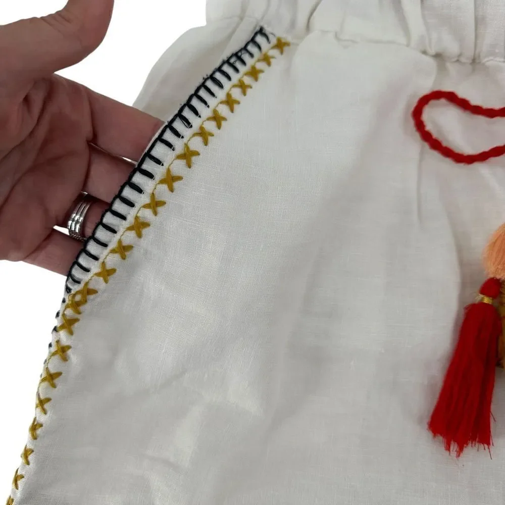 Artisan NY Linen Shorts White Embroidered Bohemian Tassel Size S Elastic Waist